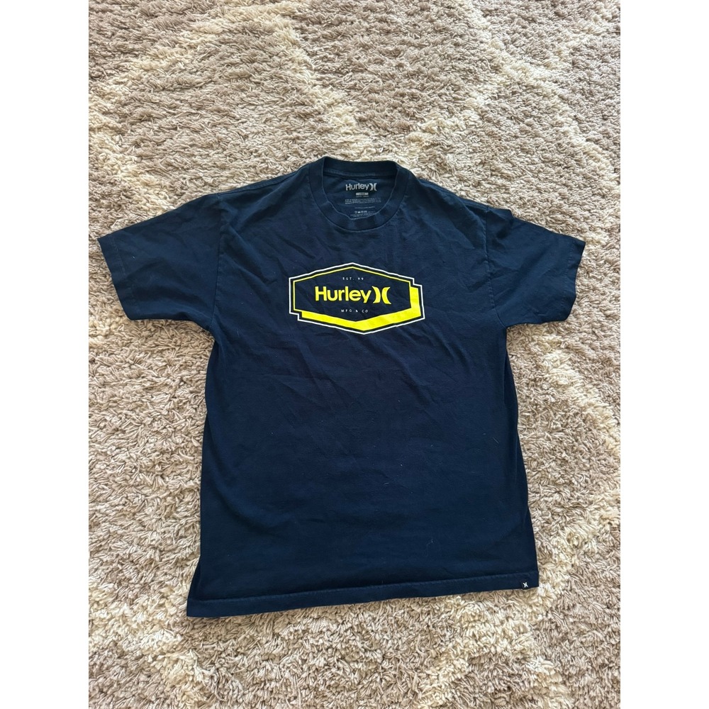 Hurley Mens Large Graphic T-Shirt Navy Blue Yellow Logo Short Sleeve Cotton Tee
